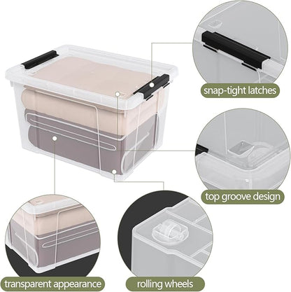 Aninhao 50 Quart Clear Latching Storage Box Bins, 4 Packs, Large Plastic Storage Boxes with Wheels