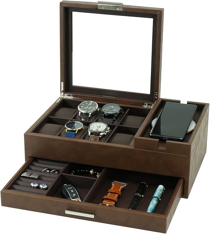 Lifomenz Co Mens Jewelry Box Valet Tray with Drawer and Charging Station Organizer -Brown