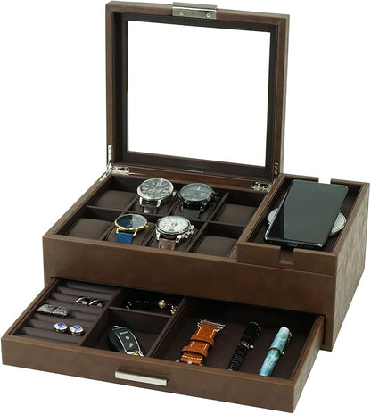 Lifomenz Co Mens Jewelry Box Valet Tray with Drawer and Charging Station Organizer -Brown