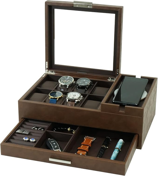 Lifomenz Co Mens Jewelry Box Valet Tray with Drawer and Charging Station Organizer -Brown