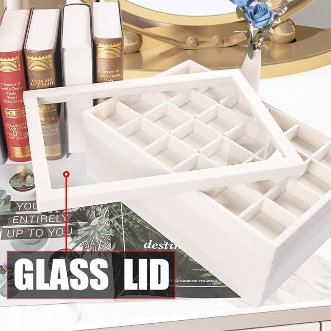 Coward Stackable Jewelry Trays Organizer Set with Clear Lid, Trays for Drawer, Earring Necklace Bracelet Ring Display Organizer (beige(ring+12girds+30girds+The glass lid))