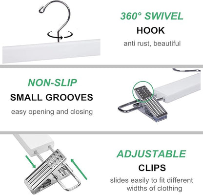 Amber Home 10 Pack 14.17" Solid White Wooden Pant Skirt Hangers, Bottom Hangers for Slacks Trousers Jeans with 2-Adjustable Anti-Rust Clips (White, 10 Pack)