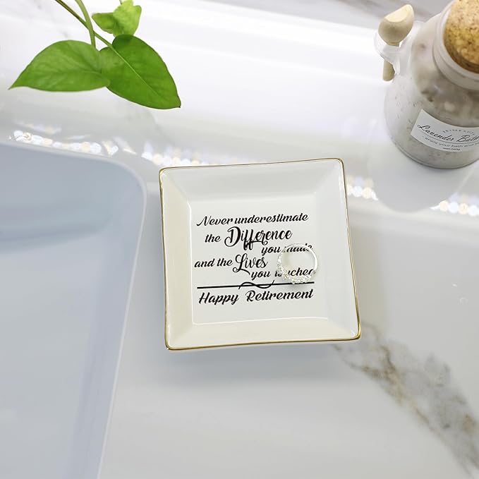 HOME SMILE Retirement Gifts for Women-Ceramic Ring Dish Jewelry Tray-Happy Retirement Appreciation Gift for Mom,Coworkers, Boss,Friends,Nurse,Teacher-Never Underestimate the Difference You Made