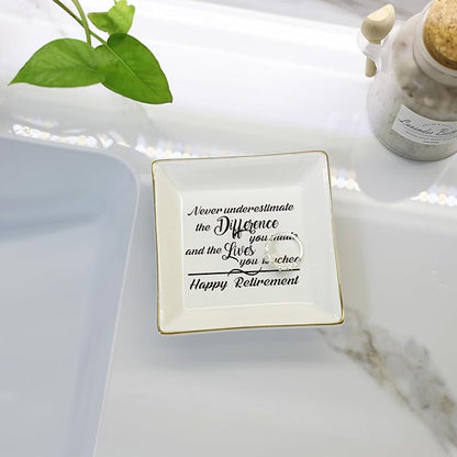 HOME SMILE Retirement Gifts for Women-Ceramic Ring Dish Jewelry Tray-Happy Retirement Appreciation Gift for Mom,Coworkers, Boss,Friends,Nurse,Teacher-Never Underestimate the Difference You Made