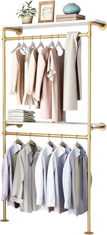 DR.IRON Gold Pipe Clothing Racks with 2 Tier Shelves, Wall Mounted Gold Clothes Rack with Double Hanging Rods Heavy Duty Garment Storage Rack Display Racks Rod for Clothes,Laundry Room