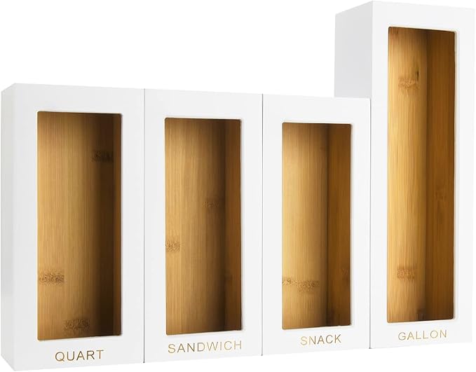 Cozee Bay Bamboo Bag Organizer for Kitchen Drawer, Baggie organizer, Compatible with Gallon, Quart, Sandwich and Snack Variety Size Bags (4 Piece Set) (White)