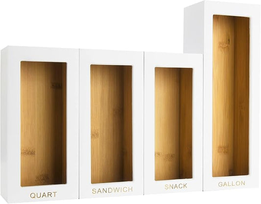 Cozee Bay Bamboo Bag Organizer for Kitchen Drawer, Baggie organizer, Compatible with Gallon, Quart, Sandwich and Snack Variety Size Bags (4 Piece Set) (White)