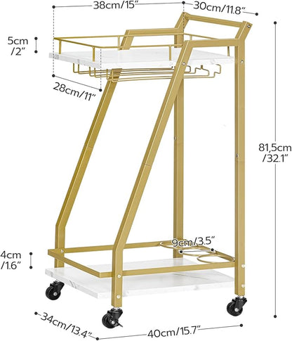 HOOBRO Bar Cart Gold, Home Bar Serving Cart, Kitchen Cart, Rolling Beverage Cart & Wine Rack and Glass Holder 2 Storage Shelves, Cocktail Cart for Home Dining Party, White and Gold DM27TC01