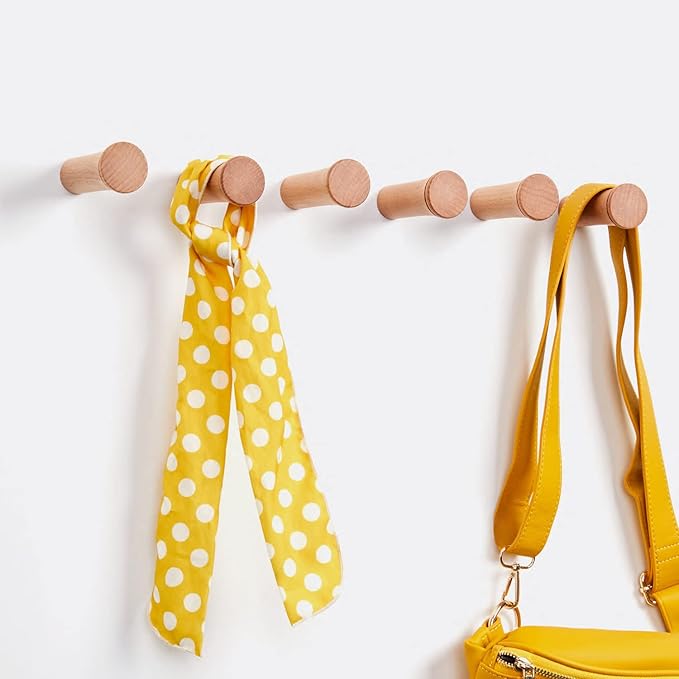 HomeDo Wall Hooks Rack, Wooden Coat Hooks Wall Mounted, Entryway Hat Rack, Decorative Hooks Single Organizer Wall Hanger Hat Hook Towel Rack, Heavy Duty Hooks (Beech Wood-3inch,6Pack)