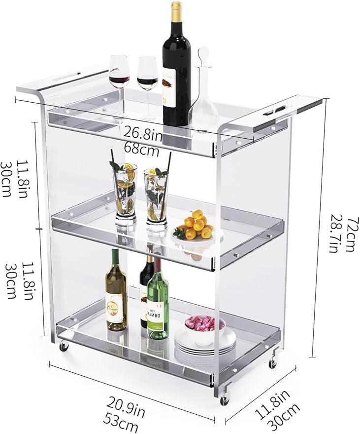 Acrylic Bar Cart, Serving Cart with Wheels Rolling Cart (Large)