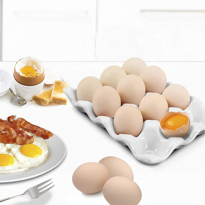 Flexzion 12 Eggs Ceramic Egg Holder, 12 Porcelain Egg Tray Storage Box, Non-Slip Egg Plate, Egg Holder, Egg Carrier Egg Box for Home, Kitchen, Fridge, Restaurant, White