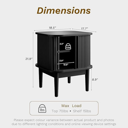 Set of 2 Fluted Nightstand with Sliding Doors, Modern Bedside Table with Solid Wood Legs, Wood Night Stand for Bedroom (Black)