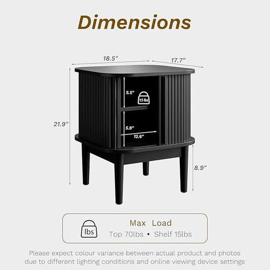 Set of 2 Fluted Nightstand with Sliding Doors, Modern Bedside Table with Solid Wood Legs, Wood Night Stand for Bedroom (Black)