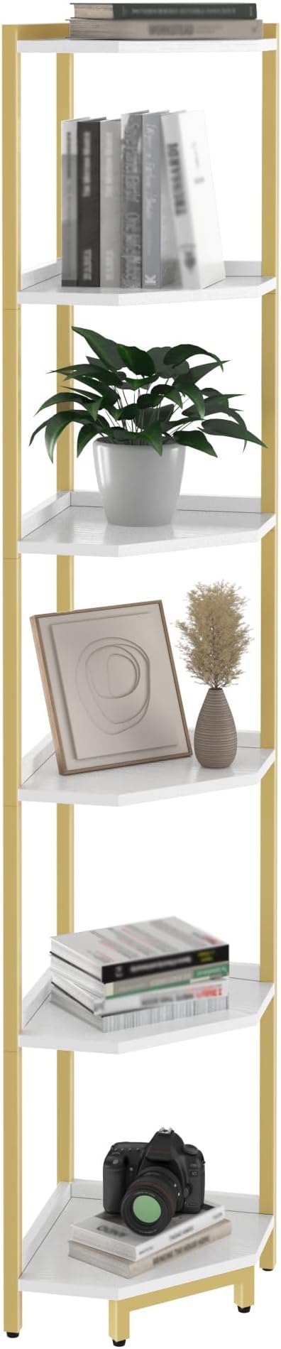 Corner Shelf Stand, Corner Bookshelf, Storage Standing Shelf Unit with Metal Frame, Plant Stand, Corner Bookcase for Living Room, Home Office, Bedroom, 6-Tier White Gold CS06003A