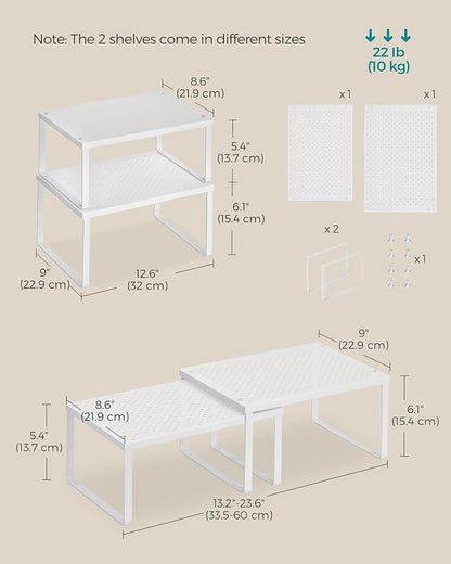 SONGMICS Spice Racks, Set of 4 Metal Cabinet Shelf Organizers, Countertop Organizers, Shelf Risers, Stackable, Expandable, White UKCS006W01