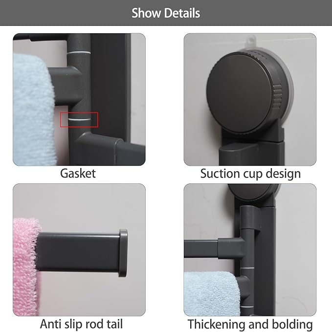 Towel Rack Suction Cup Clothes Drying Rack - Foldable Wall-Mounted Laundry Hanger for Bathroom, Balcony, Kitchen - Space-Saving, No Drilling, Sturdy(Grey)