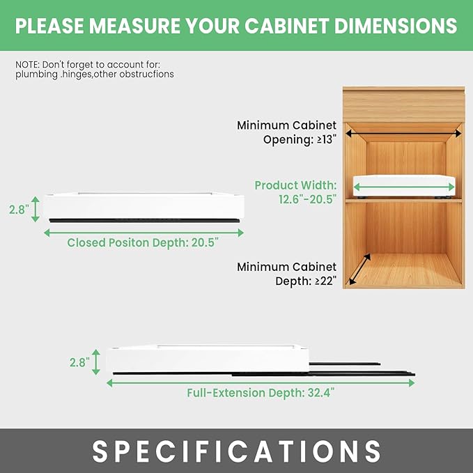 THMINS 2 Pack Expandable Pull Out Cabinet Organizer, 21" Depth, for Kitchen Cabinets, Upgrade 3 Slide Slide-Out Drawers, Adjustable Width 12.05" - 20.5", White