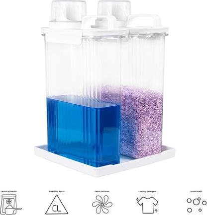 95oz Laundry Detergent Container, 2 Pack Plastic Liquid Detergent Dispenser for Laundry Room Powder,Soap,Fabric Softener, Scent Beads Storage and Organization,with 5 Labels,1 Tray.(2, 95oz)