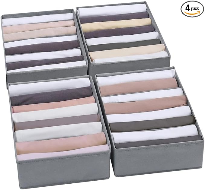 Foldable Wardrobe Clothes Organizer Storage Boxes -Set with 8 Grids - Fabric Shelf Dividers,Large Size Organiser with PPE Sheets ,Stackable Clothing Box for Jeans,Pants, Sweaters,T-Shirts (Pack of 4)