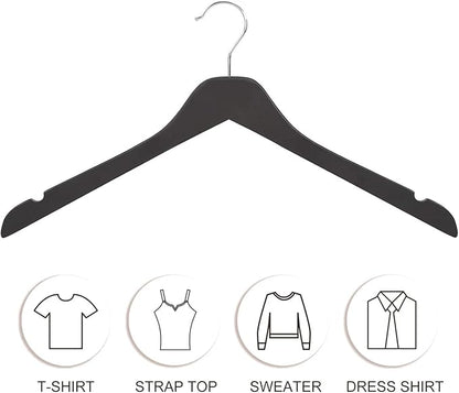 TOPIA HANGER Black Wooden Hangers 30 Pack, 0.28-inch Thick Slim Wood Clothes Hanger with Flat Design and Smooth Notches, Lightweight Space Saving Hangers for Shirt, Coat, Camisole-CT31B