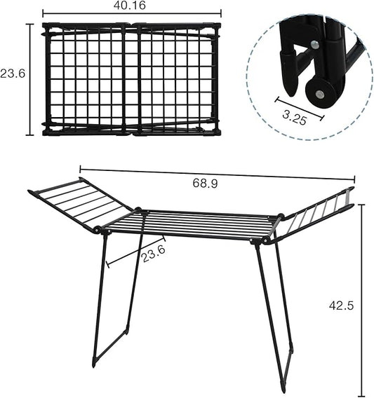 Clothes Drying Rack, with Sock Clips & with Buckle, Metal Laundry Rack, Foldable Gullwing Design, Free-Standing Laundry Airer Space-Saving, Free-Standing Airer, Indoor Outdoor Use, Black