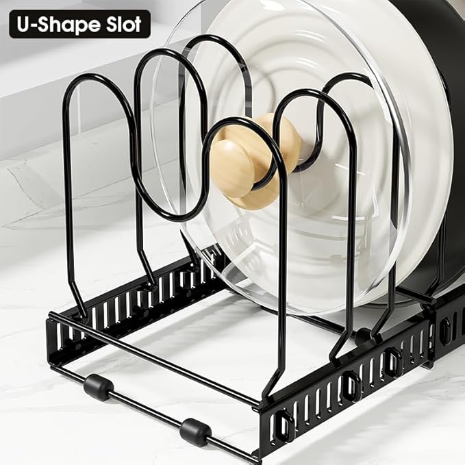WUETOAYA Expandable Pots and Pans Organizer Rack, Pot Lid Kitchen Cabinet Organizer Holder with 10 Adjustable Compartment, Cookware Rack for Kitchen Cabinet Storage, Black