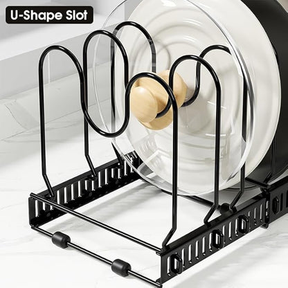 WUETOAYA Expandable Pots and Pans Organizer Rack, Pot Lid Kitchen Cabinet Organizer Holder with 10 Adjustable Compartment, Cookware Rack for Kitchen Cabinet Storage, Black