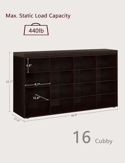 DINZI LVJ Shoe Storage Bench with Cushion, 16-Cubby Shoe Rack, Adjustable Shelves, Multifunctional Shoe Organizer Bench for Entryway, Mudroom, Hallway, Living Room, Bedroom and Garage, Espresso