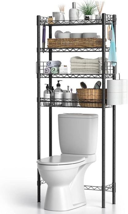 Hodonas Over Toilet Bathroom Organizer, Adjustable 4-Tier Over The Toilet Storage Shelf Sturdy Bathroom Shelves, Freestanding Above Toilet Storage Rack Stable Bathroom Space Saver, Black