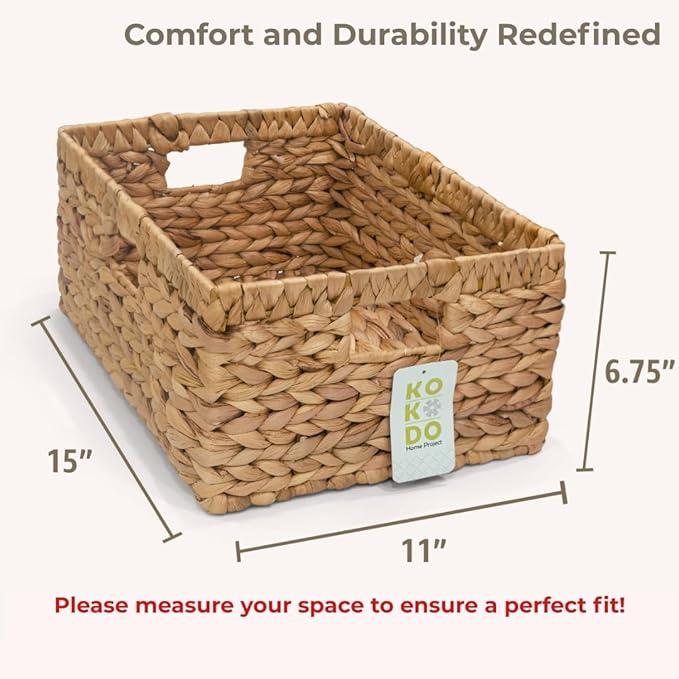 KOKODO Pack of 2 Large 15"L x 11"W Wicker Storage Baskets with Chalkboard, Stylish and Durable Water Hyacinth Rectangle Handwoven Basket Bin with Metal Frame & Handle for Room Organizing