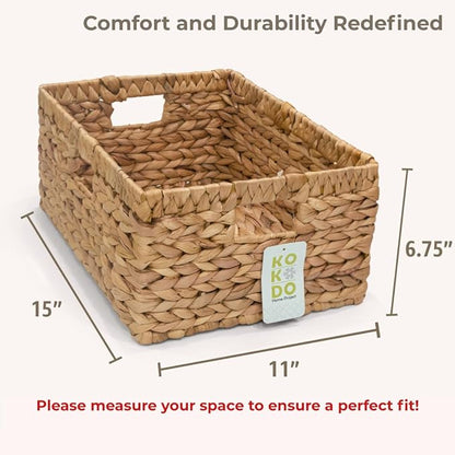 KOKODO Pack of 2 Large 15"L x 11"W Wicker Storage Baskets with Chalkboard, Stylish and Durable Water Hyacinth Rectangle Handwoven Basket Bin with Metal Frame & Handle for Room Organizing