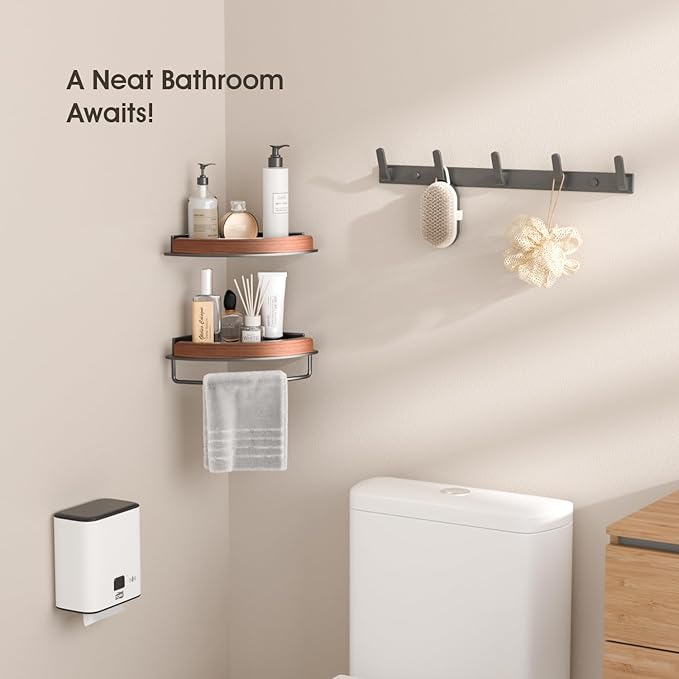 ZNYOPA 1 Pack Walnut Color Wall-Mounted Corner Caddy for Bathroom - No Drill Triangle Corner Storage Rack with Glue Accessories, Waterproof Vanity Organizer for Toiletries & Towels