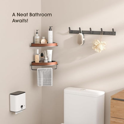 ZNYOPA 1 Pack Walnut Color Wall-Mounted Corner Caddy for Bathroom - No Drill Triangle Corner Storage Rack with Glue Accessories, Waterproof Vanity Organizer for Toiletries & Towels