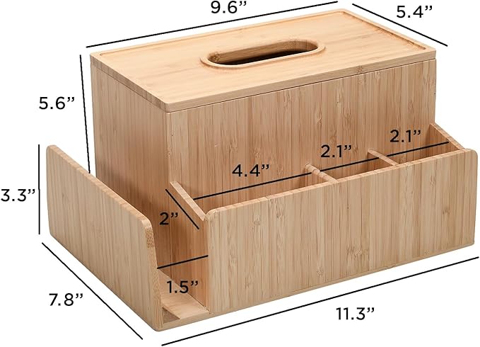 MobileVision Bamboo Tissue Box Holder & Tablet Stand Organizer for Bedroom & Desktop; compartments hold iPad Phones Remote Controls Reading Glasses Notepads & Pens