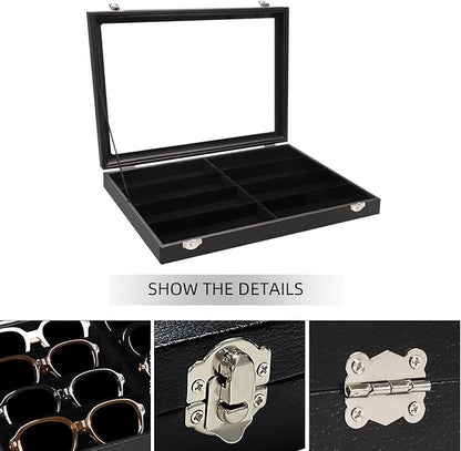Wudygirl Jewelry and Sunglass Organizer - 8 Slot Storage With Clear Lid, Leather Eyeglasses Display for Women and Men (8 Grid)