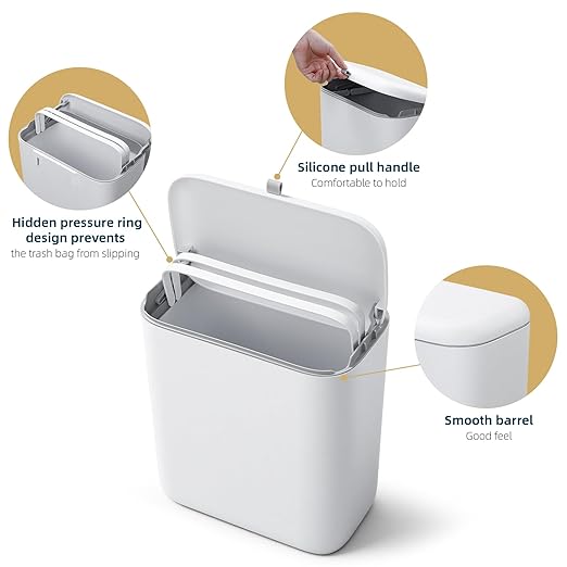 MUEE Hanging Compost Bin for Kitchen Cabinet Door - 2.4 Gal Small Trash Can with Lid, Under-Sink Food Scraps Collector, Slim Odorless Waste Bin for Apartment Essentials & RV - White
