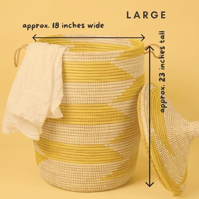 Yellow Laundry Basket with Hooded Lid, Bedroom Hamper, Nursery Toys Bin, Living Room Blankets Storage, Decorative, Wicker, Sturdy, Round, Handles, African, Hand Woven, Made in Senegal (Large)