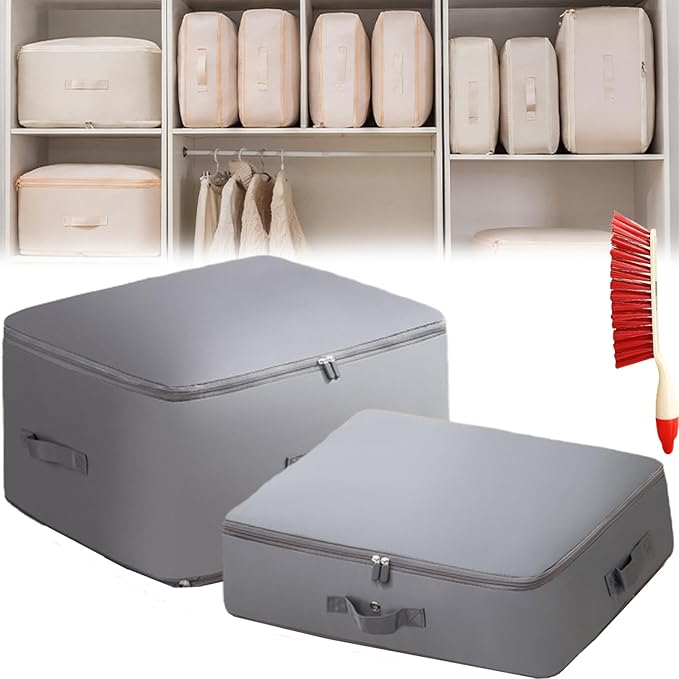 Ultra Space Saving Self Compression Organizer, 3-Layer Washable Comforter Storage Bag, Compression Bags for Storage for Storing and Organizing Winter Blanket, Duvets (Large+Medium Gray)