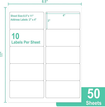 L LIKED 2" x 4" Label Stickers, Printable White 10 per Sheets Total 500 Labels, for Laser/Inkjet Printing - Matte (500 Labels)