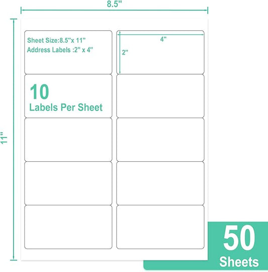 L LIKED 2" x 4" Label Stickers, Printable White 10 per Sheets Total 500 Labels, for Laser/Inkjet Printing - Matte (500 Labels)