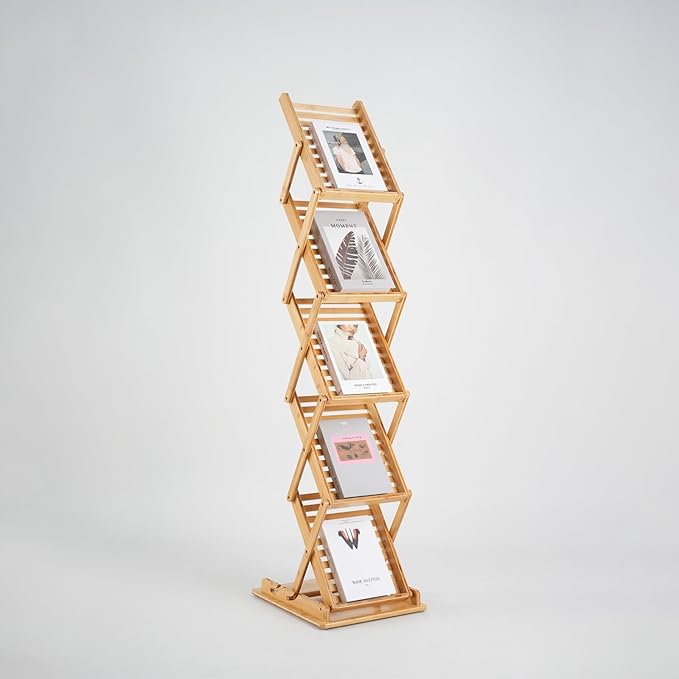 Foldable Bamboo Magazine Rack Floor, Portable Display Stand, Magazine Rack 5 Pockets, for Trade Show, Office, A4 Size