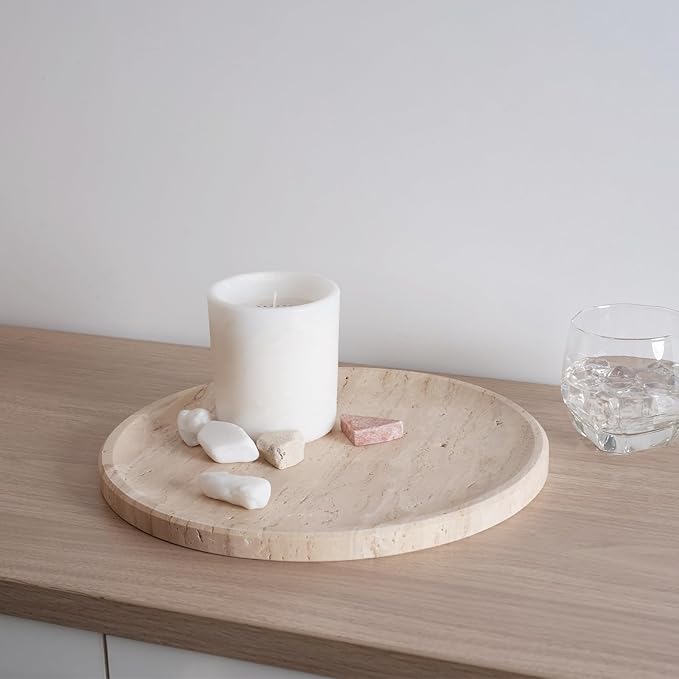 Travertine Tray, 11.8"x0.8" Round Serving Tray for Kitchen and Coffee Table, Bathroom Trays for Counter, Decorative Vanity Trays, Catchall Fruit and Snack, Light Beige Ottoman Tray