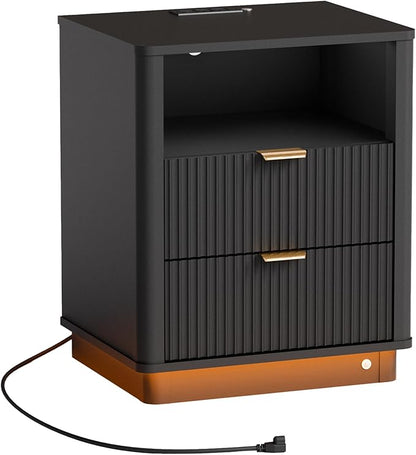 BONITURE Led Fluted Nightstand, Smart Curved Night Stand with Charging Station Lighting, Wood End Table with 2 Drawers, Modern Side Table Storage Cabinet for Bedroom Office,(1, Black)
