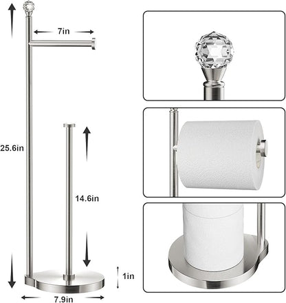 Toilet Paper Holder for Bathroom, Heavy Weighted Metal Free Standing Toilet Paper Storage with Crystal Ball, Toilet Paper Stand for Bathroom Accessories, Brushed Nickel [Holds MEGA Rolls]