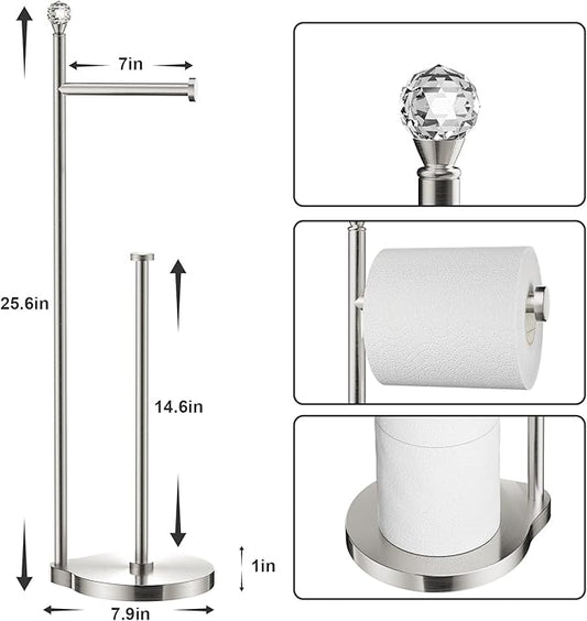Toilet Paper Holder for Bathroom, Heavy Weighted Metal Free Standing Toilet Paper Storage with Crystal Ball, Toilet Paper Stand for Bathroom Accessories, Brushed Nickel [Holds MEGA Rolls]