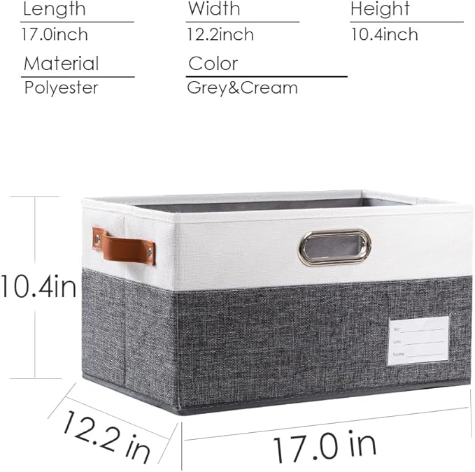 PRANDOM Larger Foldable Storage Bins with Handles [3-Pack] Fabric Collapsible Storage Boxes Baskets Cubes Containers with Handles for Closet Living Room Bedroom (Grey & White 17.3x12.2x10.4')