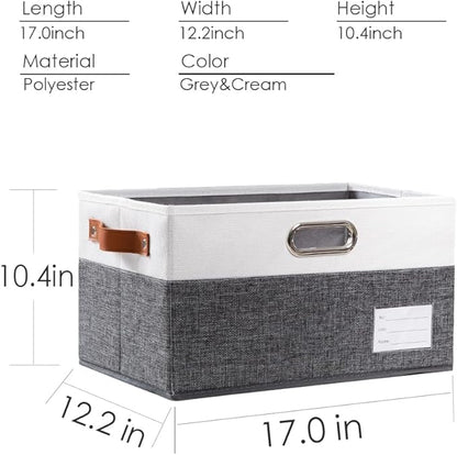 PRANDOM Larger Foldable Storage Bins with Handles [3-Pack] Fabric Collapsible Storage Boxes Baskets Cubes Containers with Handles for Closet Living Room Bedroom (Grey & White 17.3x12.2x10.4')