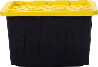 Plastic 23-Gallon Storage Tote with Lockable Lid, Stackable Tough Regular-Duty Bin for Garage, Tools, and Home Organization (2-Pack) - Black and Yellow