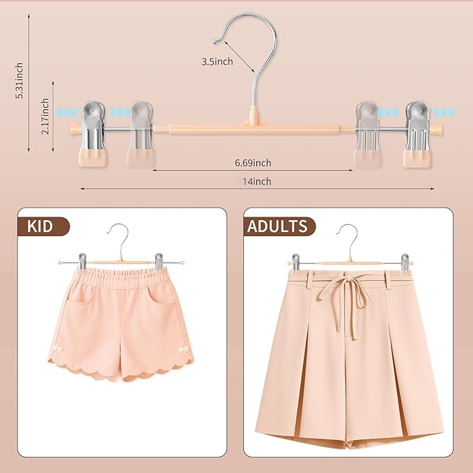 HWAJAN 10PACK 14Inch Pants Hangers with Clips Adjustable Skirt Hangers for Women Metal Non-Slip Trousers Hanger Heavy Duty Space Saving Clothes Hanger for Shorts,Jeans,Coral Pink