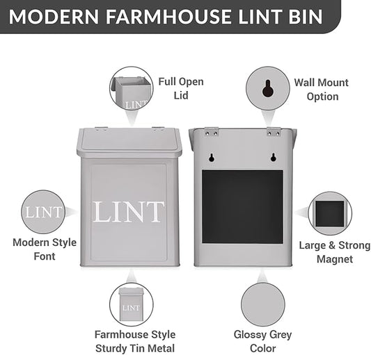Calindiana Modern Farmhouse Metal Magnetic Lint Bin for Laundry Room Decor and Accessories with Lid and Laundry Room Organization and Storage Wall Mount Space Saving Washer and Dryer Trash Can (Grey)